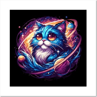 Kawaii Colorful Cosmic Cat in Stars Posters and Art